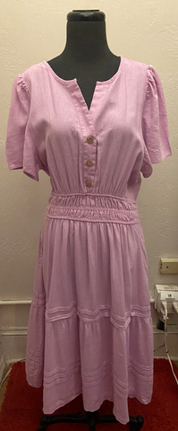 Short Sleeve button Smocked Dress - Lilac