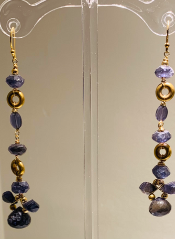 Blue Lolite and Gold Dangle Earrings