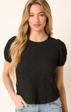 Texture Knit Round Neck Puff Sleeve Top
