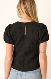 Texture Knit Round Neck Puff Sleeve Top