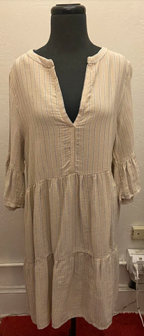 Striped Long Sleeve Ruffle Dress - Cream