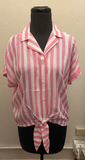 Striped Button Down Tie Shirt - Pink