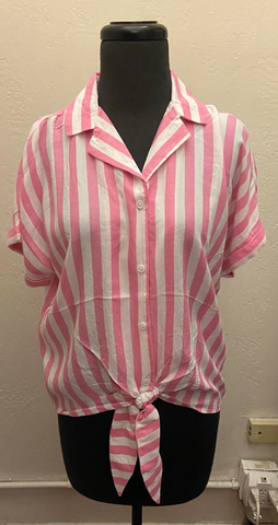 Striped Button Down Tie Shirt - Pink