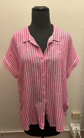 Striped Short Sleeve Button Down Shirt - Pink