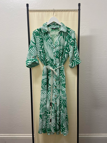 Mid Sleeve Button Down Tropical Dress - Green