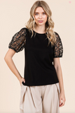 Mix Media Puff Short Sleeve Knit Top - Black