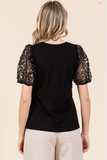 Mix Media Puff Short Sleeve Knit Top - Black