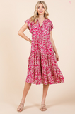 Abstract Print Ruffle Tier Empire Midi Dress - Fuchsia