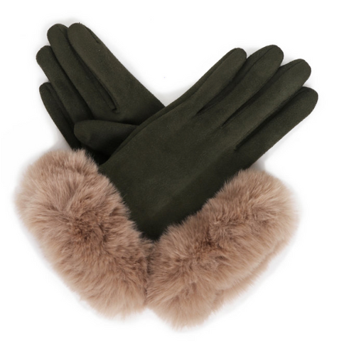 Suede Gloves with Faux Fur Trimming